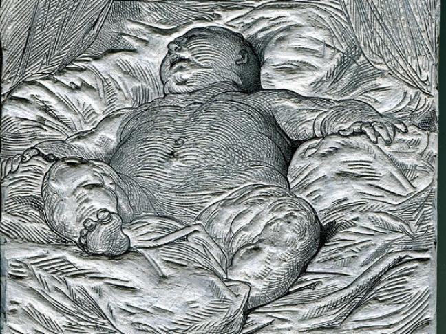 Matrice en bois du bébé Gargantua • Oeuvres de Rabelais collationné sur les oeuvres originales avec une vie de l'auteur, des notes et un glossaire/Rabelais ; Illustrations de Gustave Doré. Tome premier. - Paris : Garnier Frères, Libraires éditeurs, 1873. • matrice de bois pour gravure