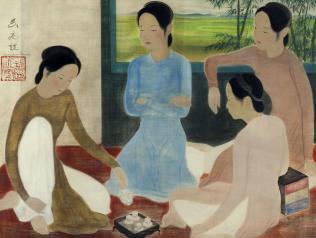 Vũ Cao Đàm (1908-2000), Thiếu nữ uống trà. Jeunes femmes prenant le thé. Couleurs sur soie, 78 x 114 cm